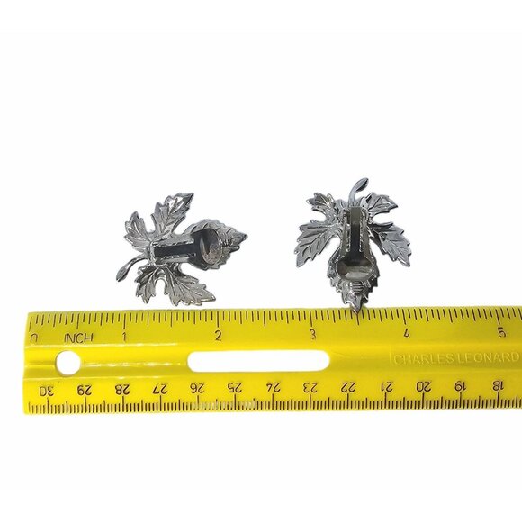Maple Leaf Citrine Glass Silver Tone Clip On Earrings Vintage Estate Unsigned - Picture 4 of 6